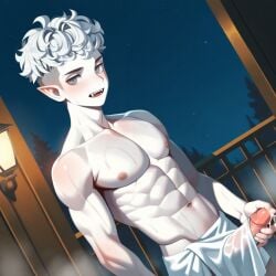 1boy absurdres. ai_generated artistic best cinematic cowboy cum dutch_text erection male_only masturbation night non-web_source over pale_skin towel upper very