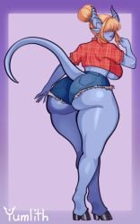 back_view big_ass big_breasts big_breasts big_butt big_thighs big_titties blue_skin clothing curvaceous curvaceous_female curvaceous_figure curvy curvy_figure curvy_hips female female_focus female_only original original_character short_hair tail yellow_hair yumlith