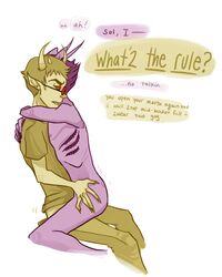 2boys anal clothing dialogue eridan_ampora gay gills glasses homestuck horns ms_paint_adventures naked pointy_ears purple_hair purple_skin red_eyes sharp_teeth short_hair sollux_captor speech_bubble text troll white_background yellow_hair yellow_skin