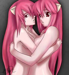 2girls elfen_lied horns lucy_(elfen_lied) multiple_girls nude_female nyuu_(elfen_lied) pink_hair selfcest tagme