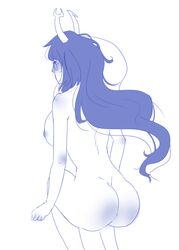 1girls ass blue_hair blue_nipples breasts facing_away glasses homestuck horns long_hair mrdoorman ms_paint_adventures naked nipples solo troll vriska_serket white_background white_skin