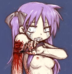 blood blood_splatter blue_background bust_shot crying crying_with_eyes_open cutting cutting_self gore guro hair_bow holding_object kagami_hiiragi looking_away lucky_star naked naked_female nipples nude nude_female ponytails purple_hair self_harm self_harm_scars suicidal_ideation tagme teenage_girl teenager wound wounds