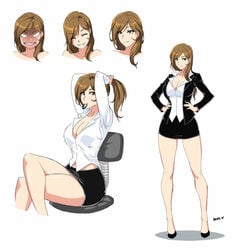 bare_legs black_skirt brown_eyes brown_hair brunette business_suit button_down_shirt cleavage crossed_legs devil-v hairband high_heels large_breasts miniskirt office_chair office_lady original pencil_skirt skirt skirt_suit smile source_request tagme thick_thighs thighs tight_skirt white_shirt