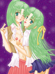 07th_expansion 2girls female_only green_hair higurashi_no_naku_koro_ni looking_at_viewer mion_sonozaki multiple_girls shion_sonozaki sisters tagme