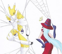 anthro archnemon barefoot bound claws clothes color digidredg digimon female female_only fur furry gloves interspecies multiple_females nude renamon simple_background spider_web sunglasses tinted_eyewear vulva white_background