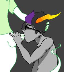 2boys black_hair closed_eyes eridan_ampora erisolsprite fins gay glasses grey_background grey_skin hand_on_head homestuck horns male_only ms_paint_adventures naked oral penis purple_highlights shirt short_hair sprite tail troll white_skin