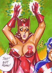 1boy 1girls areola avengers blue_eyes breasts brown_eyes brown_hair captain_america captain_america's_shield curvy dialogue exposed_breasts female female_focus gloves human joe_gravel large_breasts male marvel marvel_comics mask mutant_(marvel) nipples pantyhose scarlet_witch sketch_card speech_bubble steve_rogers text wanda_maximoff wardrobe_malfunction x-men