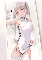 1girls barely_visible_genitalia barely_visible_pussy belly belly_button blonde blonde_hair clothed female female_focus female_only kouhai-chan_(mignon) long_hair looking_at_viewer mignon original purple_eyes selfie small_breasts smile smiling solo solo_female solo_focus stockings white_stockings