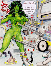 1girls abs avengers big_breasts bondage breasts captured_heroine dialogue female green_hair green_skin hair_over_one_eye hulk_(series) large_breasts male marvel marvel_comics nude restrained she-hulk speech_bubble tagme wefergie007