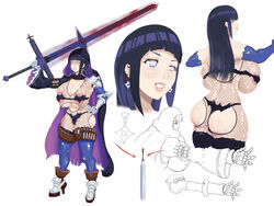 1girls armor ass back_view battle_damage beige_skin blood blood_stain bloody_sword breasts cloak clothing color eyes female female_only fishnet front_view hair human hyuuga_hinata long_hair multiple_views naruto open_eyes partially_colored skin solo sword torn_clothing weapon white_background white_eyes