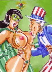 black_hair bowtie breast_sucking breasts cape christmas curvy dc dc_comics exposed_breast freedom_fighters gloves joe_gravel jsa large_breasts long_hair male/female mistletoe nipples phantom_lady_(dc) revealing_clothes sketch_card straight surprise surprised tagme top_hat uncle_sam uncle_sam_and_the_freedom_fighters