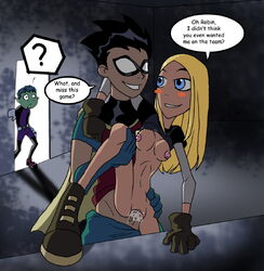 beast_boy belt blonde_hair blue_eyes boots breasts clothing dc dc_comics dick_grayson female footwear gloves handwear human male nipples pouch reddrew robin_(dc) robin_(dick_grayson) sex star_lover straight teen_titans terra terra_(dc)