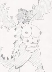 anthro breasts druddigon female female_only monochrome nipples nude pokemon sketch solo standing tagme