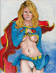 belly beltskirt blonde_hair blue_eyes blue_shirt blue_skirt dc looking_at_viewer shirt_up skirt skirt_up small_breasts standing supergirl tagme topless wefergie007 white_panties