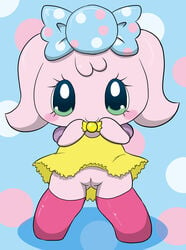 bandai big_eyes blue_background blush bow candy candy_pakupaku dress female green_eyes looking_at_viewer pink_stockings pleated_dress pussy smile solo solo_female stockings tamagotchi tatwuyan yellow_dress