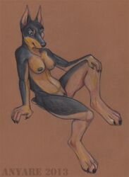 anthro anyare breasts brown_background canine doberman female foxjump fur furry looking_at_viewer nude pinup plain_background pussy solo