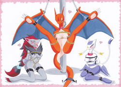 3girls bondage bound breasts charizard digidredg female mienshao multiple_girls nintendo pokemon pokemon_(species) pussy pussy_juice spread_legs zoroark