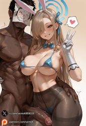 1boy 1girl 1girls abs ai_generated animal_ears areola_slip ass_grab asuna_(blue_archive) asuna_(bunny)_(blue_archive) bangs bikini blue_archive blue_bikini blue_bow blue_bowtie blue_eyes blush bow bowtie breasts dark-skinned_male dark_skin dark_skinned_male detached_collar erection fake_animal_ears female gloves grin hair_over_one_eye halo heart interracial large_breasts large_penis light_brown_hair long_hair looking_at_viewer male male_pubic_hair micro_bikini navel nude official_alternate_costume pantyhose penis pubic_hair rabbit_ears ribbon semekart smile straight swimsuit thighband_pantyhose uncensored v veins white_gloves