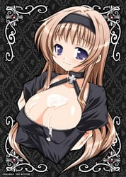 breast_lift breasts brown_hair cum large_breasts long_hair sasahiro