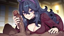 1boy ai_generated cleavage clothed_female_nude_male dark-skinned_male erection female handjob hex_maniac interracial large_breasts large_penis lips looking_at_penis mature_female nude penis pokemon purple_eyes purple_hair red_dress seductive_smile solo_focus testicles