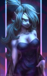 black_lipstick blue_eyes blue_skin eyepatch fangs long_hair lunaoscuraart miss_valdoom_(villainous) smile villainous