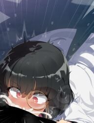 1boy absurdres black_hair black_lilith_(sentouin_hakenshimasu!) black_shirt blush combatants_will_be_dispatched! commentary_request cum cum_in_mouth cum_overflow deepthroat fellatio female highres lab_coat long_sleeves male mizumizuni monocle necktie oral pink_necktie red_eyes round_eyewear sentouin_hakenshimasu! shirt short_hair straight