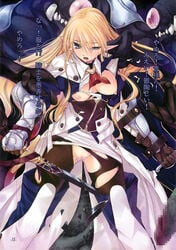 armor black_legwear blonde_hair boots breasts censored dress elf grey_eyes helpless imminent_rape kirishima_satoshi long_hair monsters nipples panties pantyhose pointy_ears pussy rape shield sword tears torn_clothes translation_request underwear weapon