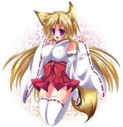 animal_ears blush covering fox_ears fur furry_ears furry_tail hakama_skirt japanese_clothes kitsune no_panties smile tail