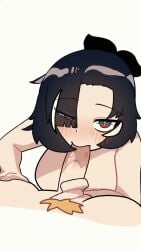 10_seconds 1boy 1girls 9:16 animated army_bug big_breasts black_hair blowjob blush breasts eyes_visible_through_hair female hair_ornament looking_at_partner looking_at_viewer mako_(yakobin) male multicolored_eyes nude original pov presenting pubic_hair red_eyes saliva short_hair shorter_than_10_seconds sound tagme vertical_video video video_games yako_bin