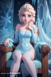 1girls ai_generated artist_name bare_shoulders blonde_hair blue_dress blue_eyes braid breasts chair cleavage detached_sleeves disney disney_princess dress earrings elsa_(frozen) frozen frozen_(film) frozen_2 hair_over_shoulder hi_res ice jewelry lips long_hair looking_at_viewer makeup medium_breasts panties pantyshot parted_lips patreon_username progenarts see-through single_braid sitting snowflakes solo strapless strapless_dress thighhighs underwear watermark web_address white_panties white_thighhighs