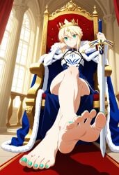 ai ai_assisted ai_generated artoria_pendragon artoria_pendragon_(fate) blonde_hair fate/grand_order fate/stay_night fate/zero fate_(series) feet feet_focus female_domination femdom femdom_caption foot_fetish foot_focus green_eyes sole_female soles soles_fetish