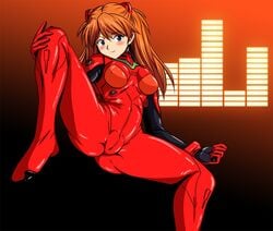 asuka_langley_sohryu blue_eyes blush cameltoe clothing erect_nipples erect_nipples_under_clothes female hair long_hair looking_at_viewer medium_breasts neon_genesis_evangelion nipples orange_hair plugsuit posing smile spread_legs straight_hair