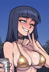 1girls ai_generated alcohol asian asian_female barely_clothed beer beer_can big_breasts bikini brown_eyes brown_hair cleavage drunk female female_only gold_bikini hyuuga_hinata japanese_female light-skinned_female light_skin naruto_(series) ojou-sama_pose one_eye_closed smile solo string_bikini