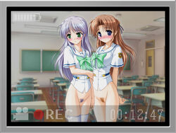 2girls blush bottomless female female_only multiple_girls pubic_hair pussy school_uniform