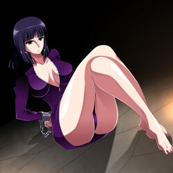 ariyon arms_behind_back black_hair bondage bound_arms crossed_legs cuffs female female_only green_eyes highres legs legs_crossed nico_robin one_piece panchira panchira_(sitting) panties pantyshot pantyshot_sitting pre-timeskip shackles sitting solo straight_hair underwear water_7