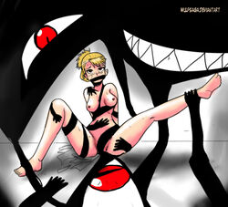 ankle_grab arms_behind_back blonde_hair bondage bound breasts captured evil_grin female femsub fullmetal_alchemist gag gagged groping highres homunculus leg_up nipples nude okamisaga pride_(fullmetal_alchemist) rape rape_face red_eyes restrained riza_hawkeye slave spread_legs tears tentacle tentacle_gag