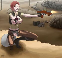 1girls areola areolae blush boots borderlands breasts bullet chaps desert dual_wield dual_wielding erect_nipples female female_only fingerless_gloves girl gloves gun jacket large_breasts lilith_(borderlands) naughty_face nipples open_clothes open_shirt photoshop pussy red_hair short_hair solo solo_female squat squatting tongue torn_clothes weapon woman