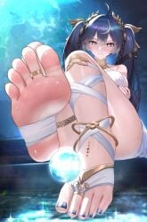 1girls accessory ahoge ancient_greek_clothes blue_eyes blue_hair blue_toenail_polish blue_toenails blush breasts color colored feet feet_fetish feet_focus female female_only foot_fetish foot_focus hair_accessory hair_ornament high_res high_resolution highres holding_breast iuno_(wuthering_waves) kuro_games legs looking_at_viewer night_sky partially_clothed partially_clothed_female presenting_feet ring sitting soles tacet_mark_(wuthering_waves) tights toe_ring toeless_legwear toenail_polish toenails toes twintails twintails_hairstyle ursica wuthering_waves
