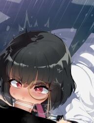 1boy absurdres bar_censor black_hair black_lilith_(sentouin_hakenshimasu!) black_shirt blush censored combatants_will_be_dispatched! commentary_request deepthroat fellatio female heart heart-shaped_pupils highres lab_coat long_sleeves male mizumizuni monocle necktie oral penis pink_necktie red_eyes round_eyewear sentouin_hakenshimasu! shirt short_hair straight symbol-shaped_pupils