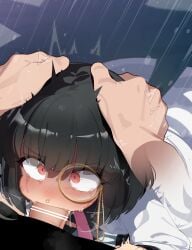 1boy absurdres bar_censor black_hair black_lilith_(sentouin_hakenshimasu!) black_shirt blush censored combatants_will_be_dispatched! commentary_request deepthroat fellatio female hands_on_another's_head highres irrumatio lab_coat long_sleeves male mizumizuni monocle necktie oral penis pink_necktie red_eyes round_eyewear sentouin_hakenshimasu! shirt short_hair straight