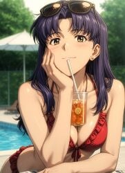 1girls bangs bare_shoulders beach beer blush breasts brown_eyes female female_only long_hair looking_at_viewer misato_katsuragi necklace neon_genesis_evangelion parted_bangs pendant purple_hair smile solo sunglasses sunglasses_on_head wholesome