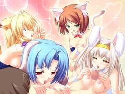 4girls animal_ear blush breasts censored female inakoi large_breasts male multiple_girls paizuri penis straight tail