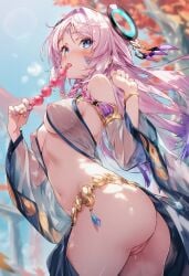 ai_generated anal_beads_in_mouth citlali_(genshin_impact) curvy_body curvy_female curvy_figure egyptian_clothes female_focus genshin_impact naked_female nipples_visible_through_clothing pink_hair pussy_focus pussy_juice_drip raaicave