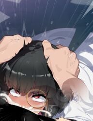 1boy absurdres black_hair black_lilith_(sentouin_hakenshimasu!) black_shirt blush combatants_will_be_dispatched! commentary_request deepthroat fellatio female hands_on_another's_head highres irrumatio lab_coat long_sleeves male mizumizuni monocle necktie oral penis pink_necktie red_eyes round_eyewear sentouin_hakenshimasu! shirt short_hair straight
