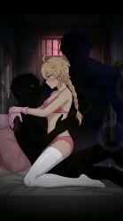 aether_(genshin_impact) ai_generated ashamed femboy genshin_impact implied_penetration male male_only multiple_males pink_bikini yaoi