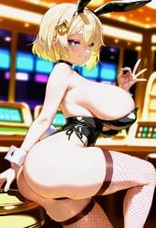 ai_generated blonde_hair bunny_ears bunnysuit choker clothing grin highres large_ass large_breasts ok_sign original_character petite stockings thick_thighs