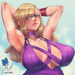 1girls areola_slip armpits artist_logo big_breasts blindneko99 blonde_hair blush bonne_jenet dress fatal_fury fatal_fury:_city_of_the_wolves female female_only green_eyes hands_behind_head hi_res king_of_fighters long_hair looking_at_viewer portrait purple_dress simple_background smiling smiling_at_viewer snk solo sweat