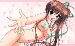 2d_(artwork) artist_request big_breasts bikini blush breasts brown_hair cameltoe cleavage hair_ribbon looking_at_viewer mini_bikini nipples offering_hand pink_background pointy_chin smile swimsuit