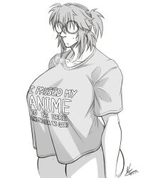 1girl big_breasts blush bottomless breasts charlotte_(nr4ces) female glasses huge_breasts no_pants nr4ces ponytail sec4 shirt sweat thick_thighs
