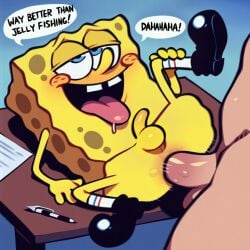2boys ai_generated anal anal_sex anthro balls big_penis black_shoes blue_eyes blush dialogue erection eyelashes faceless_male gay gay_sex genitals hand_on_leg human human_on_anthro interspecies light-skinned_male light_skin lying_on_back male male/male mammal marine nickelodeon nude nude_anthro nude_male open_mouth paper pen penis penis_in_anus sea_sponge sex socks spongebob_squarepants spongebob_squarepants_(character) teeth testicles tongue tongue_out unseen_male_face yellow_body